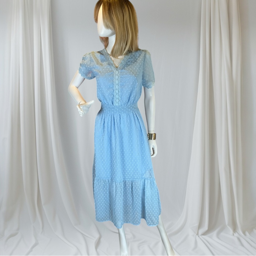 Powder Blue Midi Sundress with Puff Sleeves and Sailor Collar